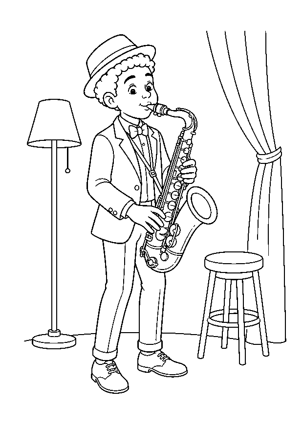 Jazzmusiker mit Saxofon — Ein junger Jazzmusiker spielt ein Saxofon neben einer kleinen Cafébühne.