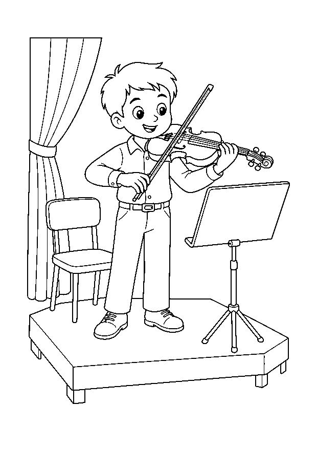 Kind spielt Geige — Ein Kind übt mit Geige und Bogen auf einer kleinen Orchesterbühne.
