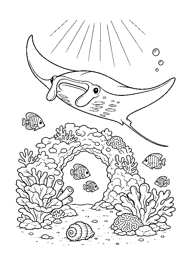 Mantarochen über dem Korallenbogen — Ein großer Mantarochen gleitet über einen Korallenbogen mit fünf Fischen, Muschel und Sonnenstrahlen.