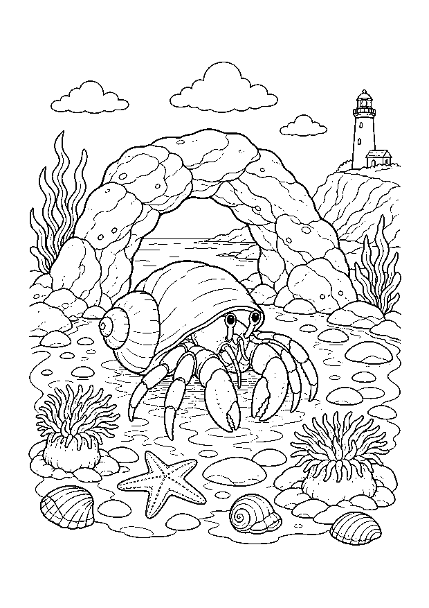 Einsiedlerkrebs am Felsbogen — Ein Einsiedlerkrebs erkundet zwischen Anemonen, Seestern und Muscheln einen Felsbogen am Leuchtturm.