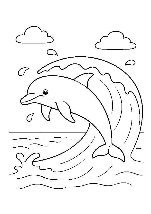 Delfin springt durch die Welle — Ein fröhlicher Delfin springt in einem hohen Bogen über eine breite Welle.