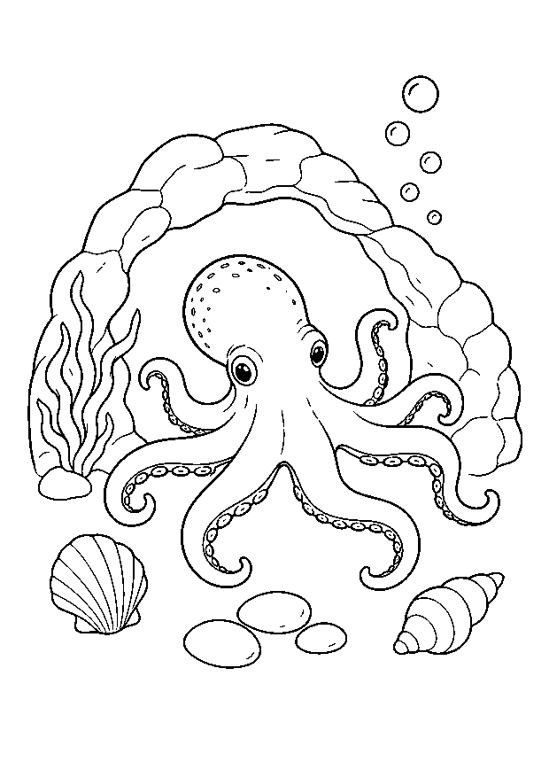 Oktopus in der Felsenhöhle — Ein Oktopus erkundet mit acht klaren Armen eine kleine Höhle im Gezeitenbecken.