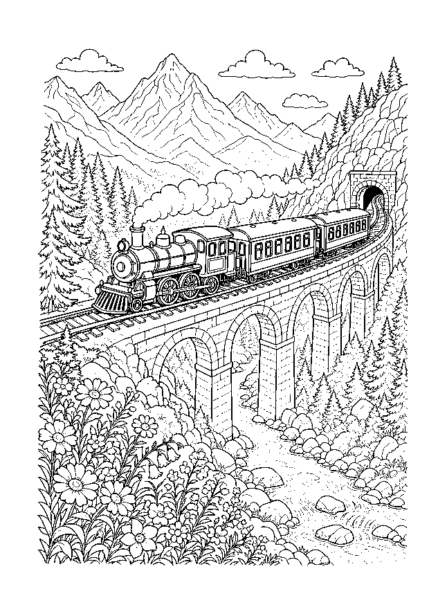 Eisenbahn: Dampflok auf dem Bergviadukt