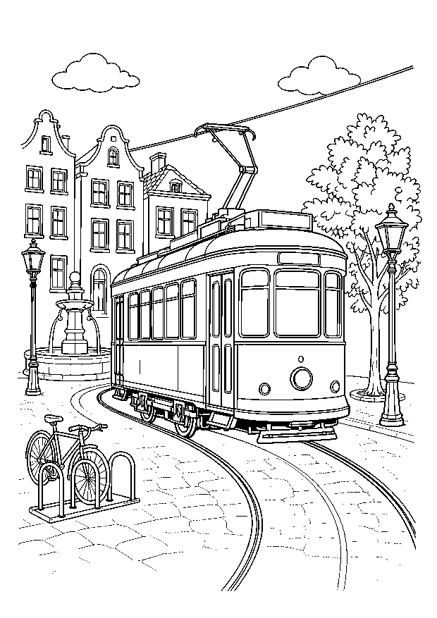 Straßenbahn auf dem Stadtplatz — Eine historische Straßenbahn folgt dem gebogenen Gleis durch einen Platz mit Brunnen, Laternen und Fahrrädern.