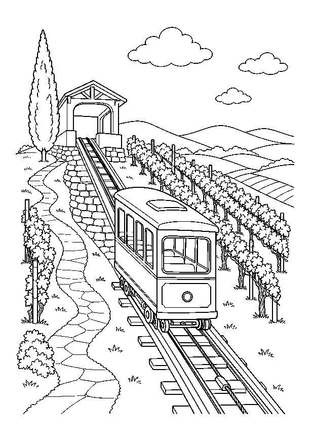 Standseilbahn im Weinberg — Eine Standseilbahn fährt zwischen Reben, Steinmauer und Fußweg hinauf zur Bergstation.