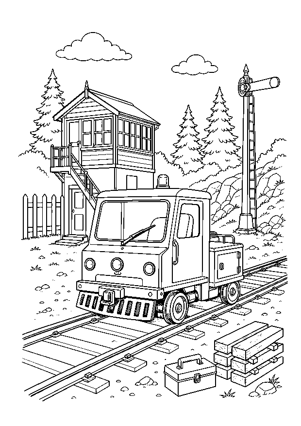 Gleiswagen am Stellwerk — Ein kompaktes Gleisfahrzeug wartet mit Werkzeugkiste und Schwellen neben Stellwerk und Formsignal.