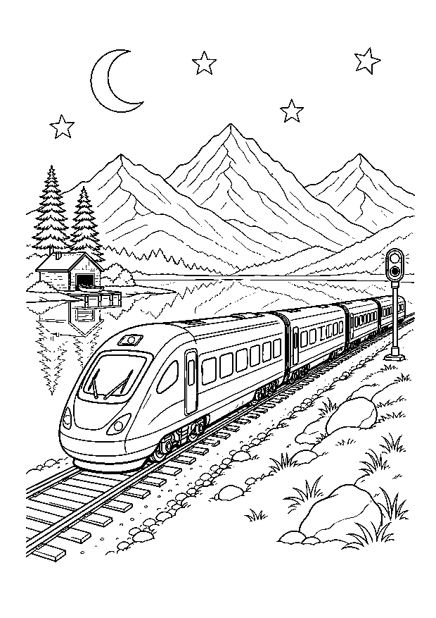 Nachtzug durch die Berge — Ein moderner Schnellzug fährt bei Mond und Sternen an einem Bergsee und kleinen Bahnhof vorbei.