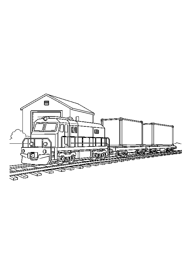 Güterzug mit zwei Containern — Eine Diesellok zieht zwei Containerwagen an einem Lagerhaus vorbei.