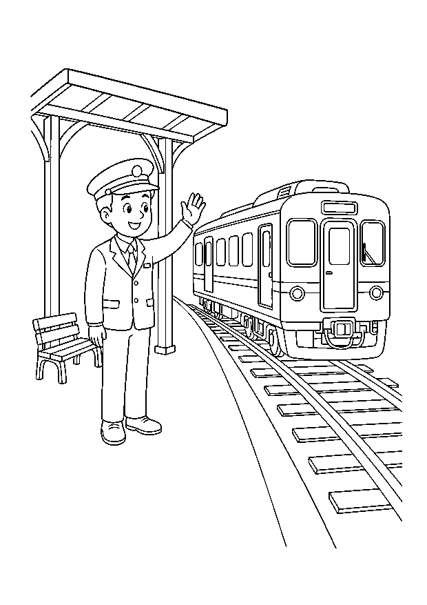 Abschied am kleinen Bahnhof — Ein Schaffner winkt einem kurzen Regionalzug am leeren Bahnsteig zu.