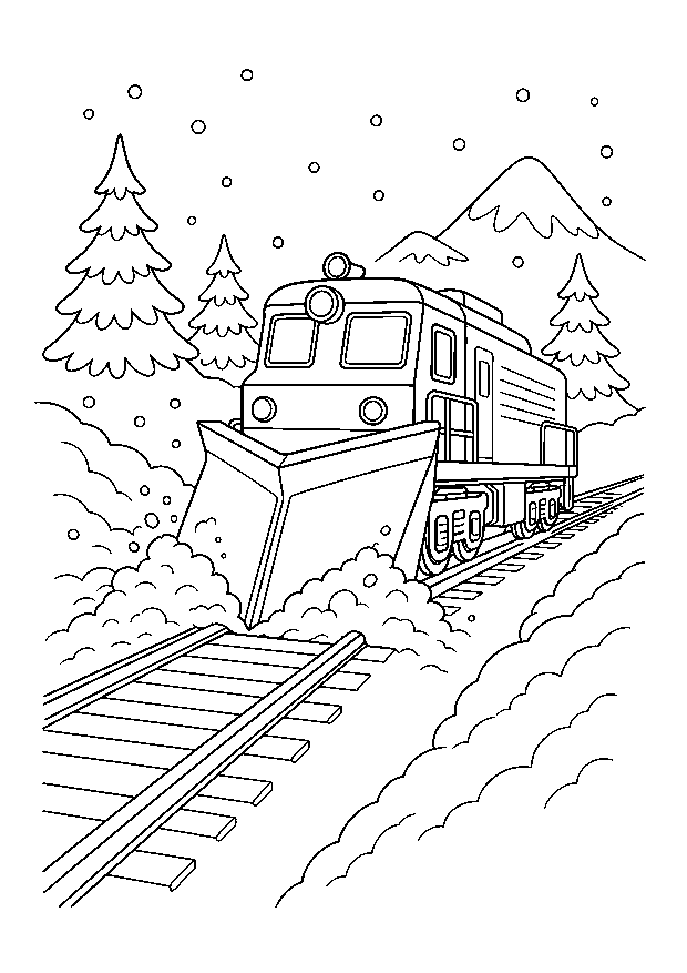 Schneepflug räumt die Winterstrecke — Ein kräftiger Schneepflugzug schiebt Schnee von einem geraden Berggleis.