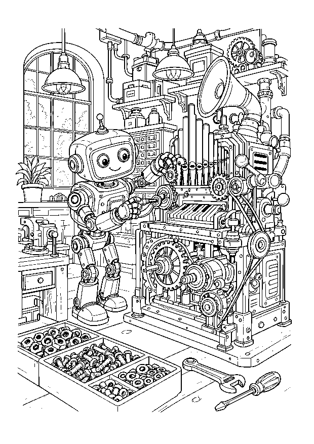 Roboter-Ausmalbilder: Roboter an der Zahnradmaschine