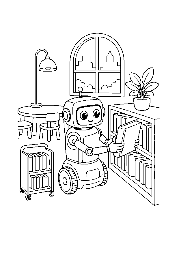 Bibliotheksroboter sortiert Bücher — Ein freundlicher Roboter stellt zwischen Bücherwagen, Lesetisch und Regal ein Buch zurück.