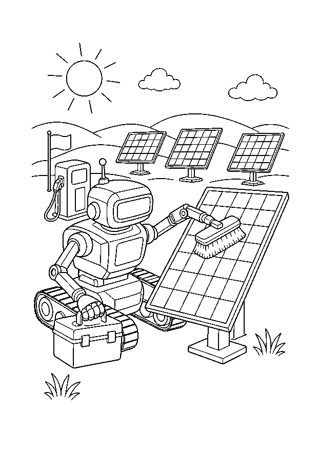 Roboter reinigt Solarmodule — Ein Wartungsroboter bürstet ein Solarmodul auf einem offenen Feld mit Werkzeugkoffer und Stromkasten.