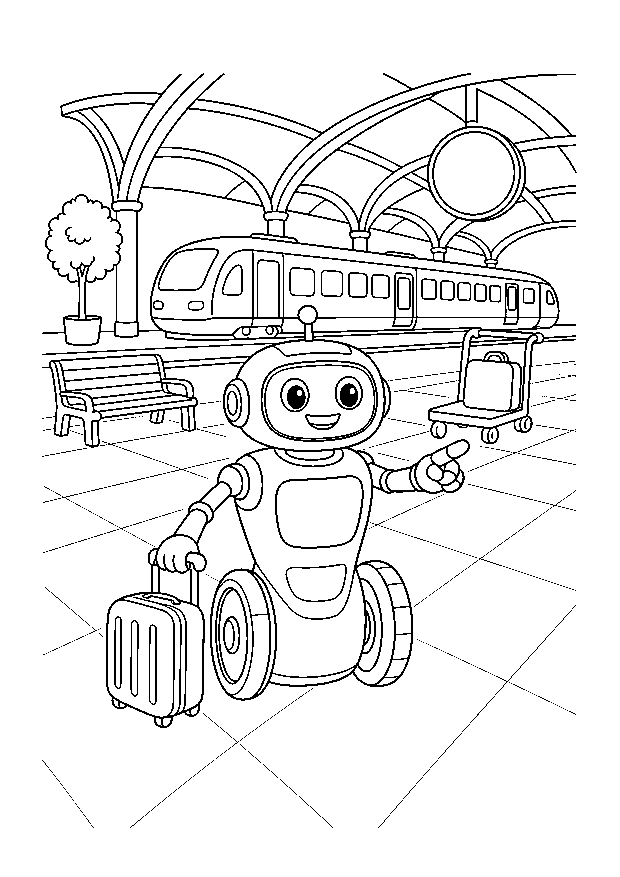 Reiseroboter am Bahnhof — Ein hilfsbereiter Roboter begleitet einen Koffer auf dem Bahnsteig, während ein Zug wartet.