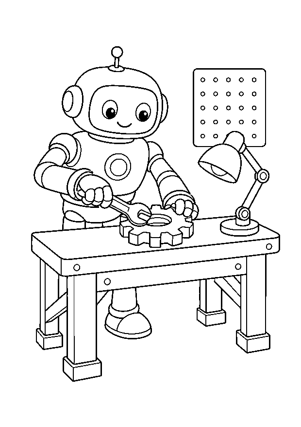 Roboter in der Erfinderwerkstatt — Ein freundlicher Werkstattroboter zieht an seiner Werkbank ein großes Zahnrad fest.