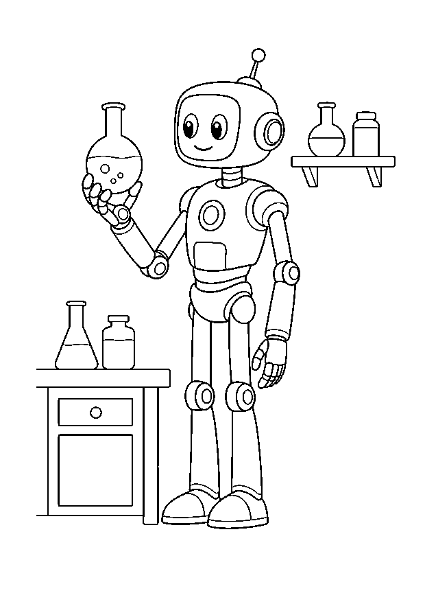 Laborroboter mit Rundkolben — Ein schlanker Forschungsroboter untersucht einen Rundkolben in einem übersichtlichen Labor.