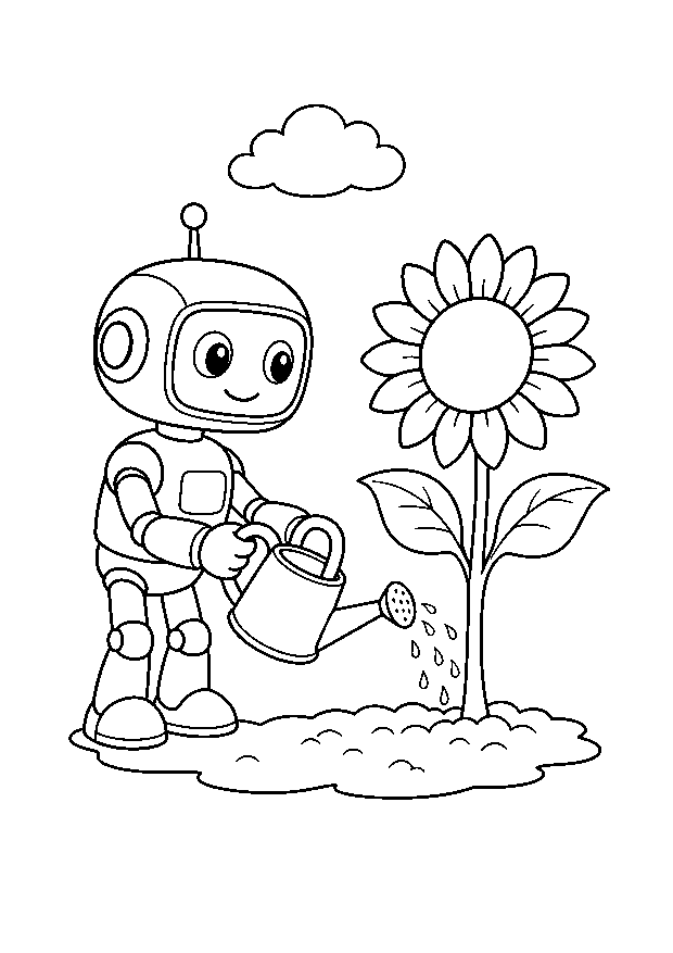 Gartenroboter gießt eine Sonnenblume — Ein kompakter Gartenroboter gießt eine große Sonnenblume mit viel Platz zum Ausmalen.