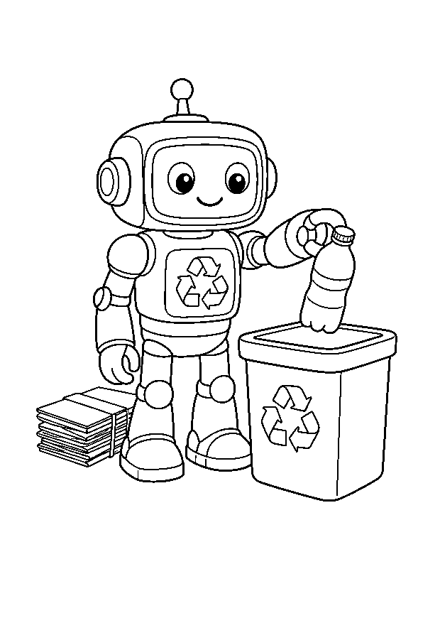 Recyclingroboter sortiert eine Flasche — Ein stabiler Recyclingroboter legt eine Flasche in den passenden Behälter.