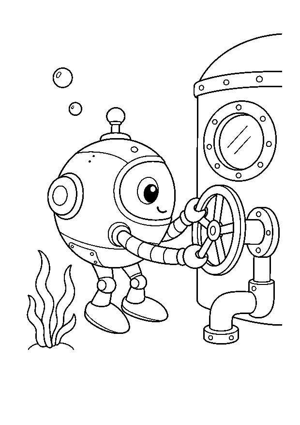 Unterwasserroboter am Ventil — Ein runder Wartungsroboter dreht an einem Ventil der Unterwasserstation.