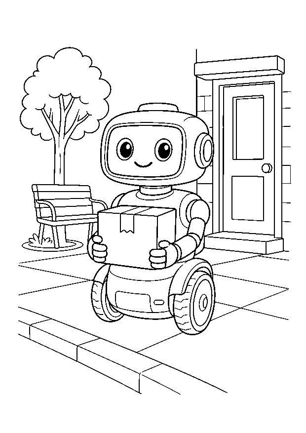 Lieferroboter in der Stadt — Ein freundlicher Lieferroboter bringt ein Paket über einen ruhigen Gehweg.