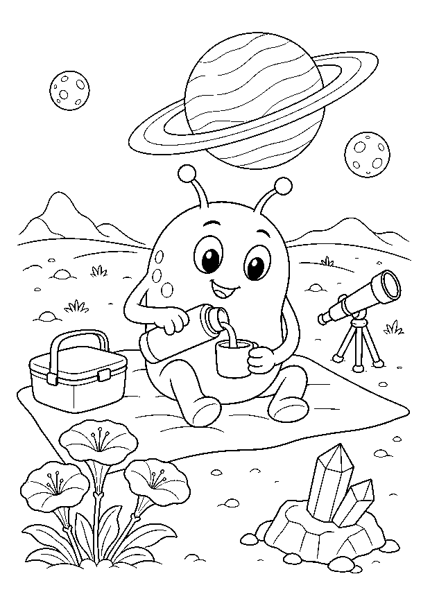 Picnic on the Ringed Planet — A friendly alien pours a drink at a picnic among flowers, crystals, and a telescope.