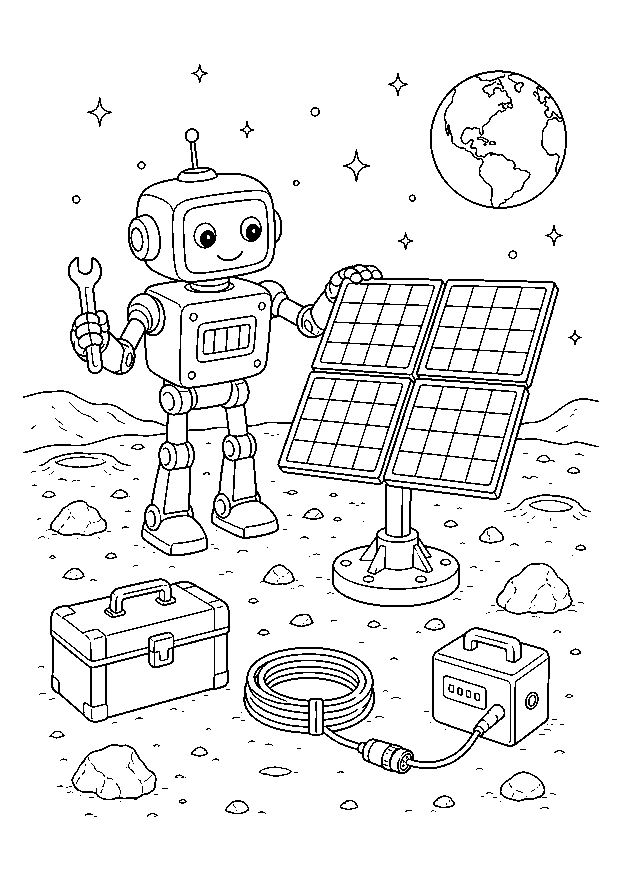 Robot Builds a Solar Array — A construction robot assembles four solar panels beside a toolbox, cable, and battery unit.