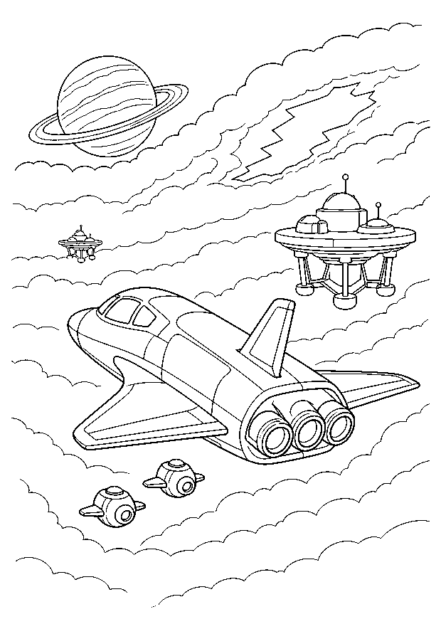 Shuttle above the Cloud Planet — A space shuttle flies with two small escort drones among cloud platforms and a ringed planet.