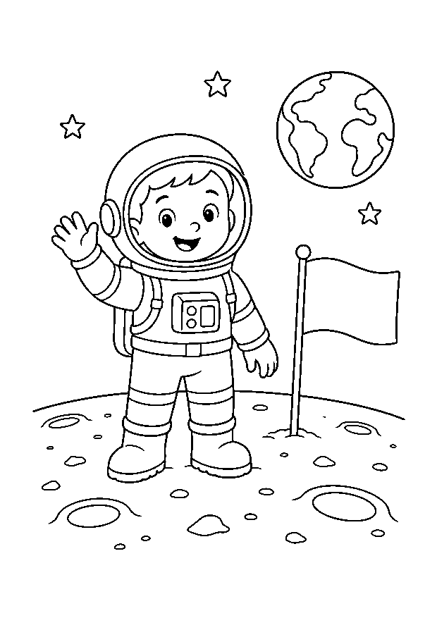 Astronaut Waves from the Moon — A friendly astronaut waves beside a blank flag on the lunar surface.