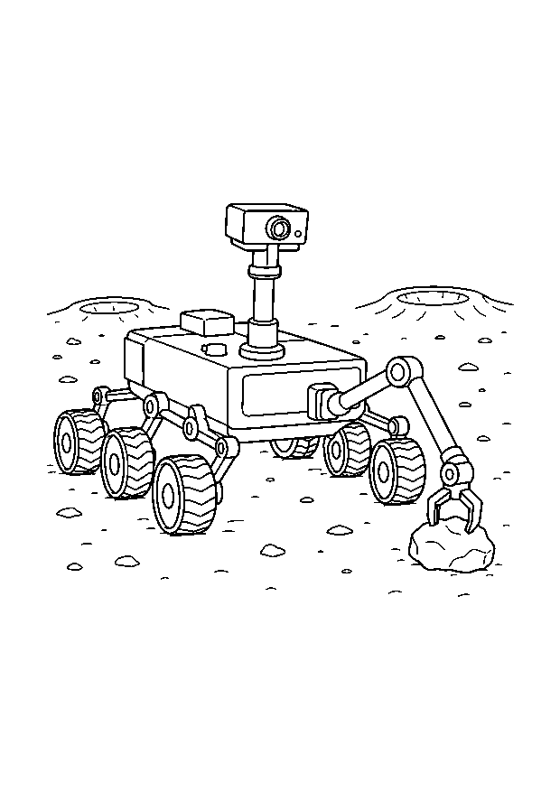Mars Rover Collects a Rock — A six-wheeled rover picks up a Martian rock with its robotic arm.