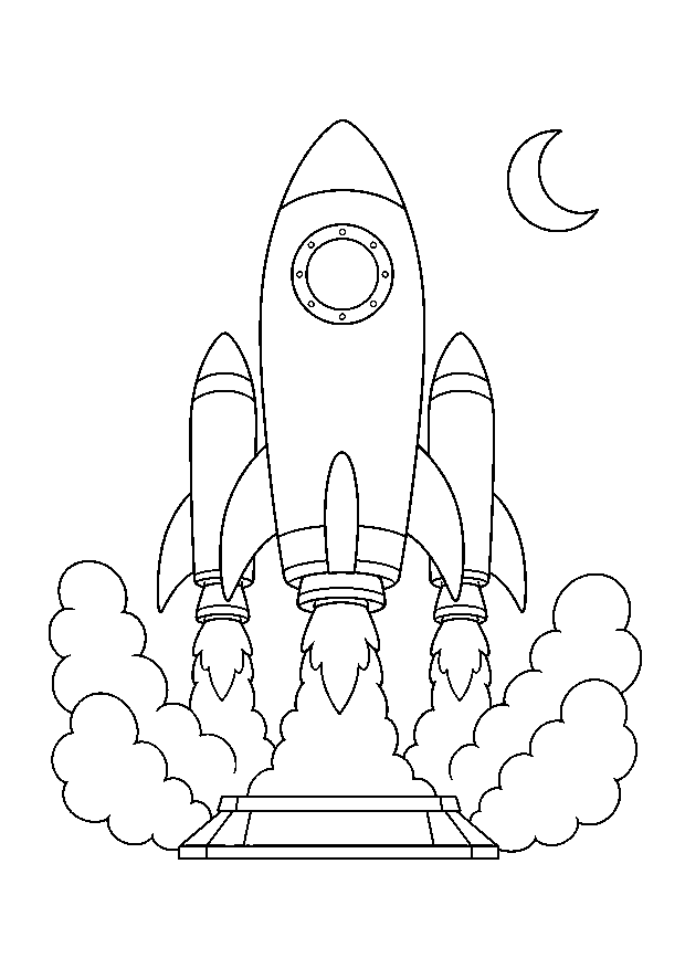 Rocket Launch at the Spaceport — A large rocket lifts from its launch pad with two clean smoke clouds.
