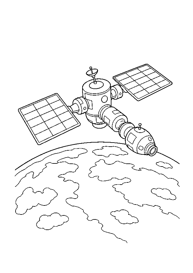 Space Station Above Earth — A modular space station with straight solar panels orbits Earth.