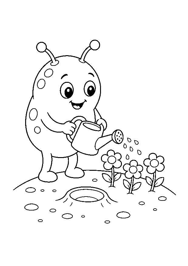 Alien Waters Moon Flowers — A friendly alien waters three large flowers in a tiny moon garden.