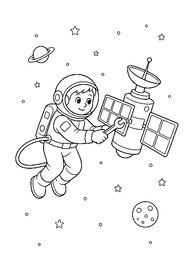 Repairing a Satellite — An astronaut repairs a satellite in space with a wrench.