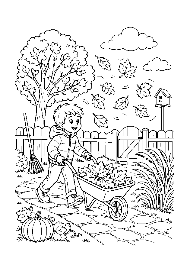 Herbstwind im Garten — Ein Kind schiebt eine Schubkarre voller Blätter durch den windigen Garten mit Kürbis, Rechen und Vogelhaus.
