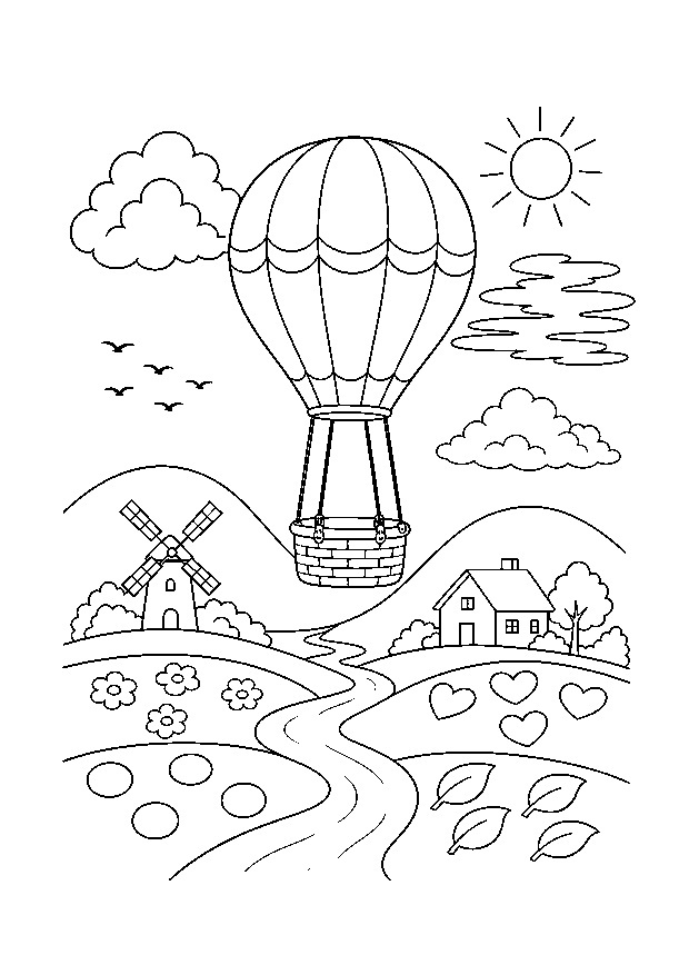 Heißluftballon über der Landschaft — Ein großer Heißluftballon fährt bei ruhigem Sonnenwetter über Felder, Fluss, Windmühle und Bauernhaus.
