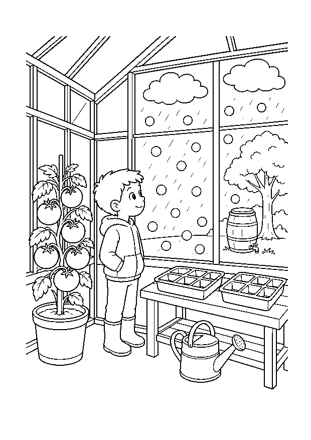 Hagelschauer am Gewächshaus — Ein Kind beobachtet sicher im Gewächshaus einen Hagelschauer zwischen Tomatenpflanze, Anzuchtschalen und Regentonne.