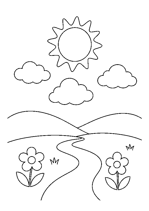 Sonne und Wolken Ausmalbild — Eine große Sonne scheint über Wolken, Hügeln und Blumen.