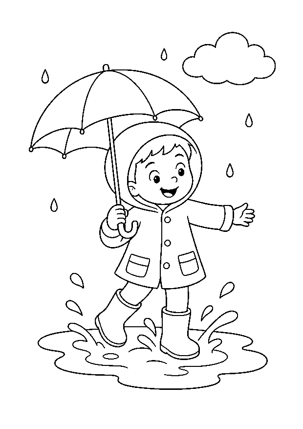 Kind im Regen mit Gummistiefeln — Ein Kind springt mit Schirm und Gummistiefeln in eine Pfütze.