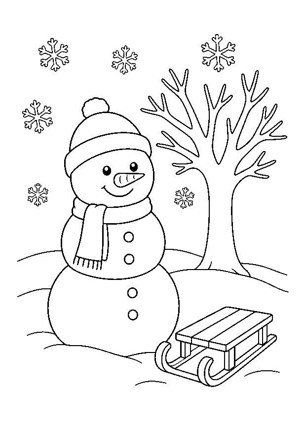 Schneemann im Winter Ausmalbild — Ein Schneemann steht neben Winterbaum und Schlitten im Schnee.