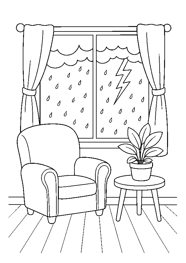 Gewitter sicher vom Fenster beobachten — Ein gemütliches Zimmer blickt auf Regen und einen fernen Blitz.
