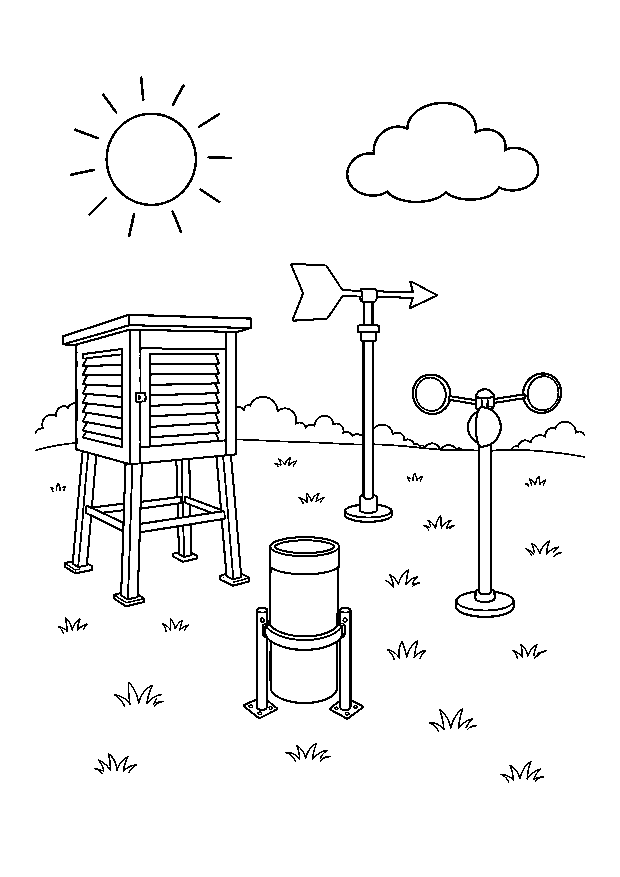 Wetterstation für Kinder — Messhütte, Regenmesser, Windfahne und Anemometer beobachten das Wetter.